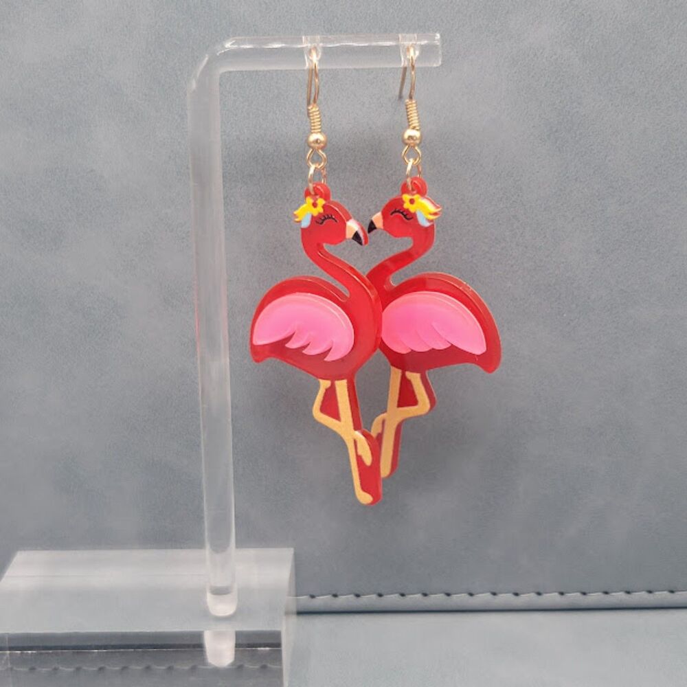 Hot Pink Flamingos With Flowers Earrings